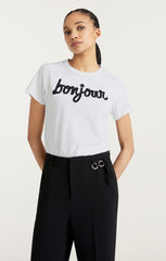 Women Shrunken Fringe Bonjour Tee White/Black