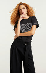 Women Rhinestone Love Letter Heart Tee Black/White