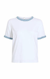Women Denim Braided Tee White/Light Wash