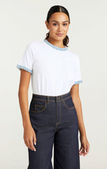 Women Denim Braided Tee White/Light Wash