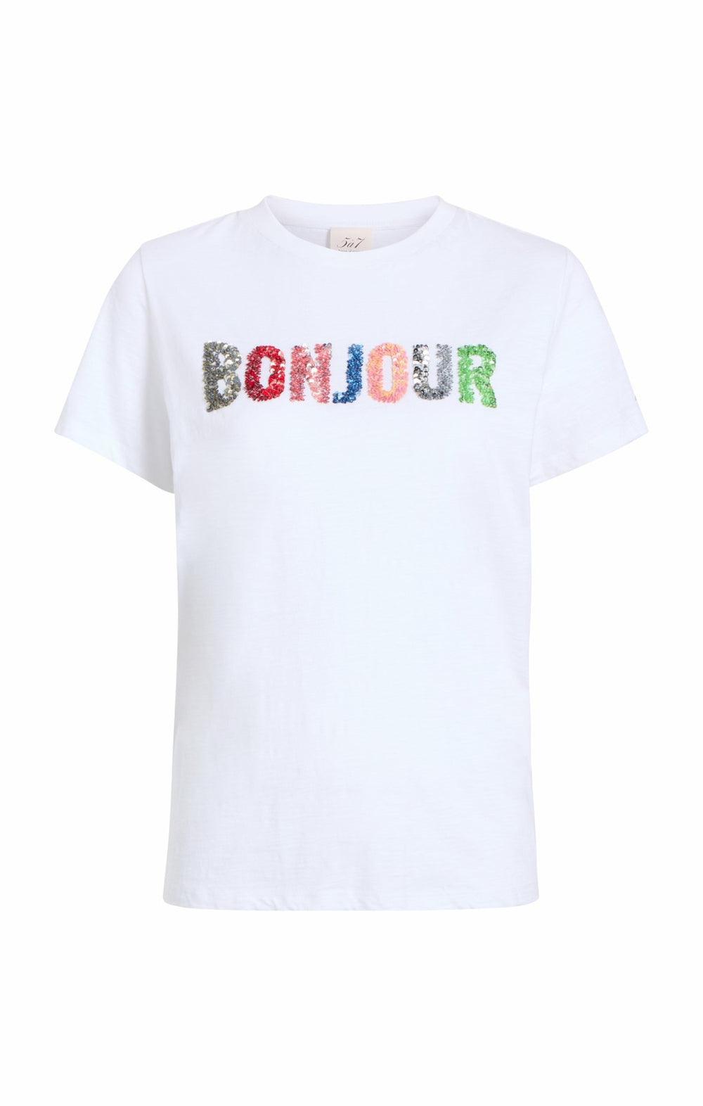 Women Pailette Applique Bonjour Tee White/Multi