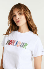 Women Pailette Applique Bonjour Tee White/Multi
