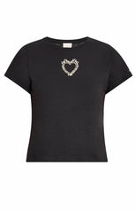Women Cut Out Rhinestone Heart Tee Black/Crystal