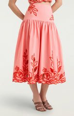 Women Trailing Peonies Tilda Skirt Pink Poppy/Coral Orange