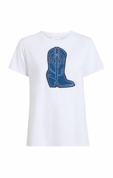 Women Silver Studs Denim Boot Tee White/Indigo