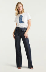 Women Silver Studs Denim Boot Tee White/Indigo