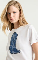 Women Silver Studs Denim Boot Tee White/Indigo