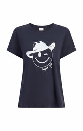 Women Bonjour Y'all Smiley Tee Navy/White