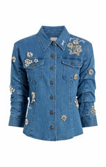 Women Crystal Ditsy Floral Scrunched Jacket Light Wash