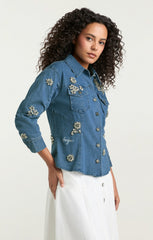 Women Crystal Ditsy Floral Scrunched Jacket Light Wash