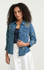 Women Crystal Ditsy Floral Scrunched Jacket Light Wash