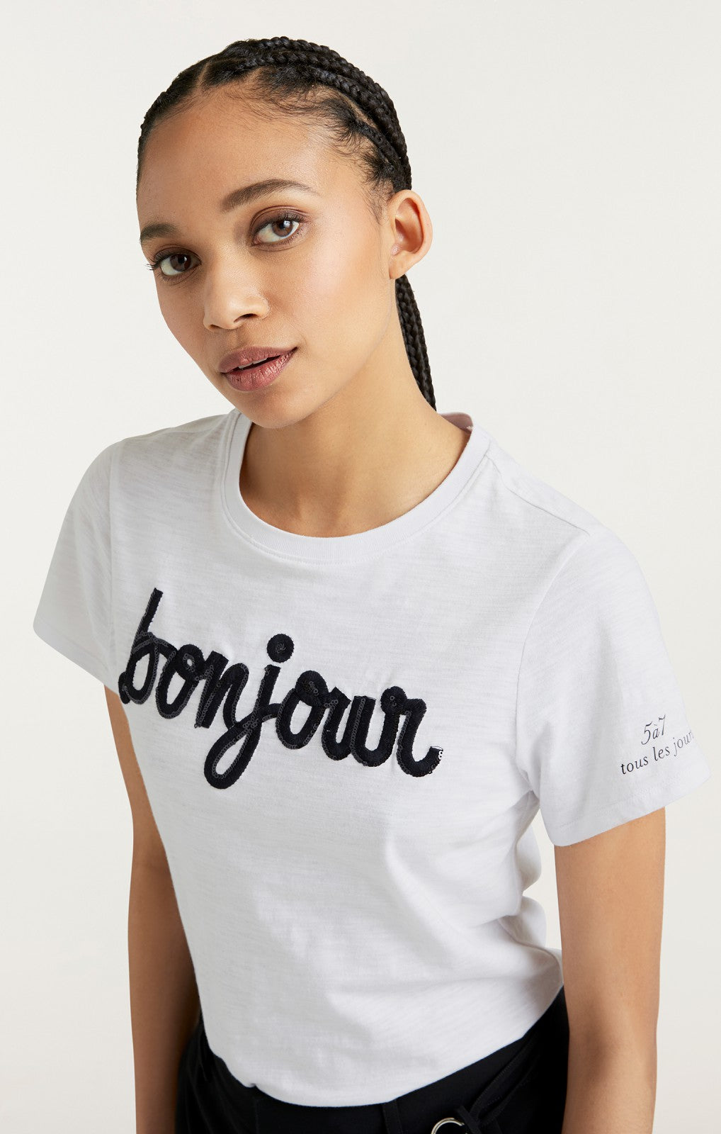 Women Shrunken Fringe Bonjour Tee White/Black