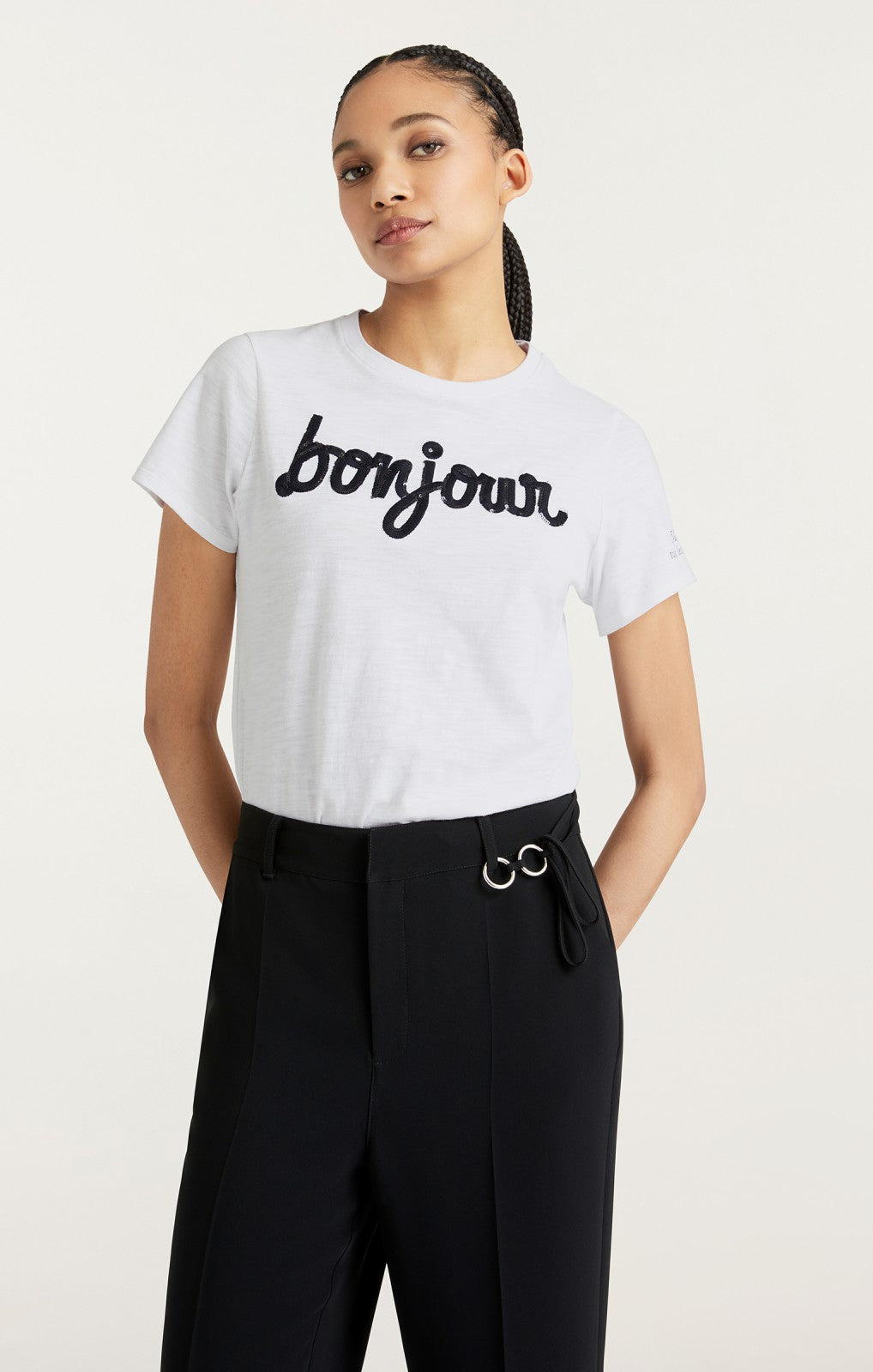 Women Shrunken Fringe Bonjour Tee White/Black