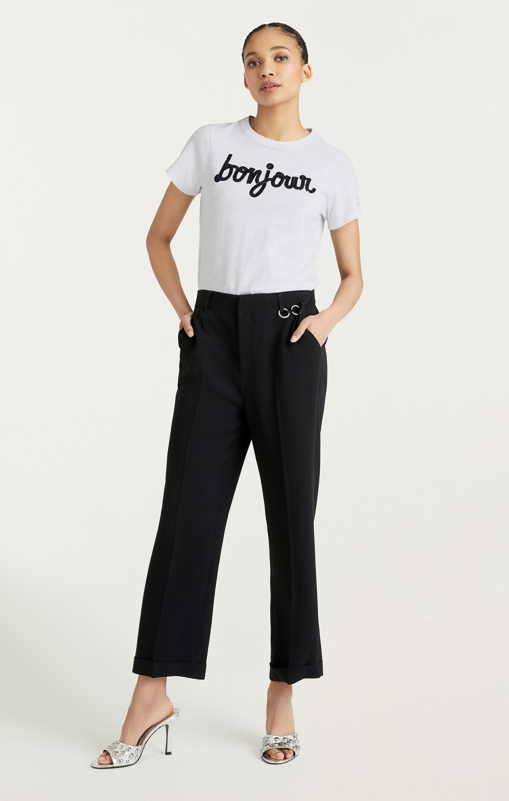 Women Shrunken Fringe Bonjour Tee White/Black
