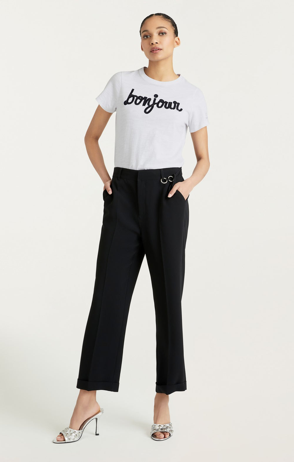 Women Shrunken Fringe Bonjour Tee White/Black