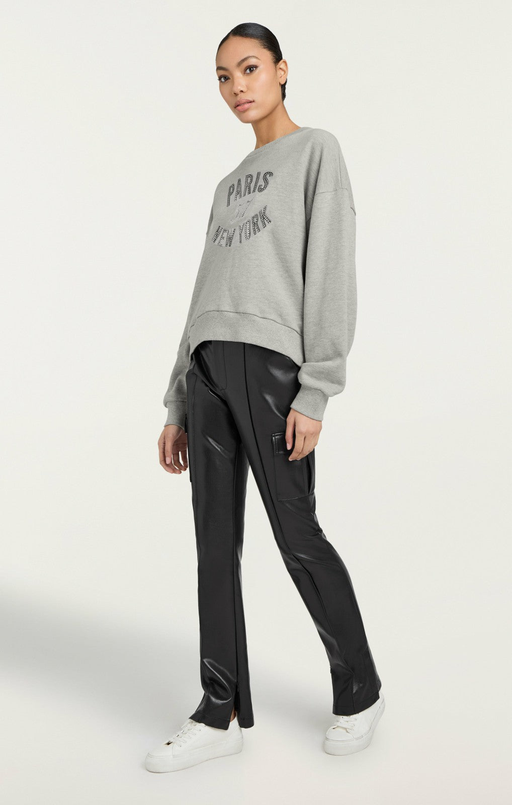Women Rhinestone Paris New York Brandy Pullover Heather Grey/Black