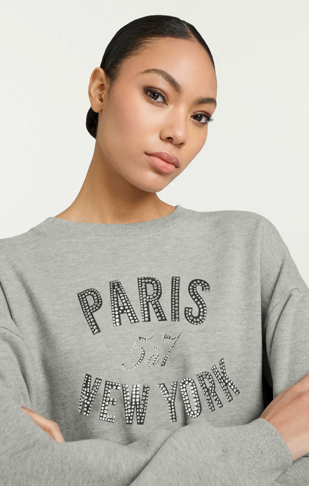 Women Rhinestone Paris New York Brandy Pullover Heather Grey/Black