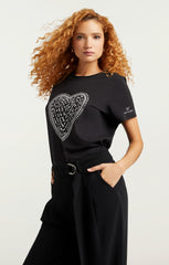 Women Rhinestone Love Letter Heart Tee Black/White