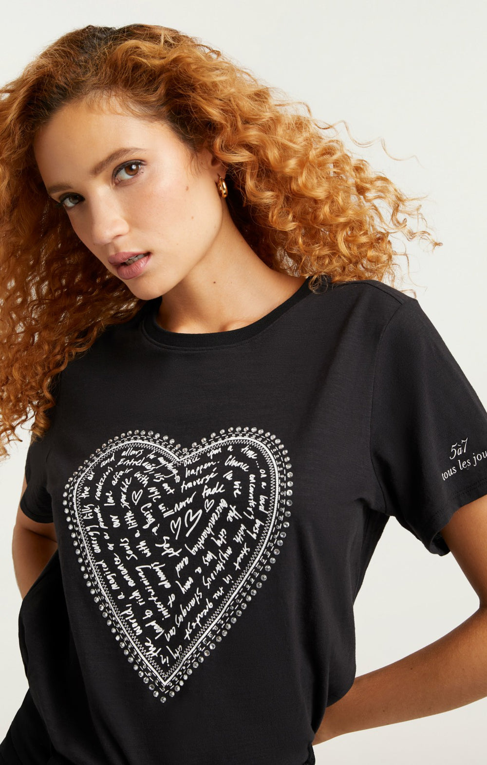 Women Rhinestone Love Letter Heart Tee Black/White