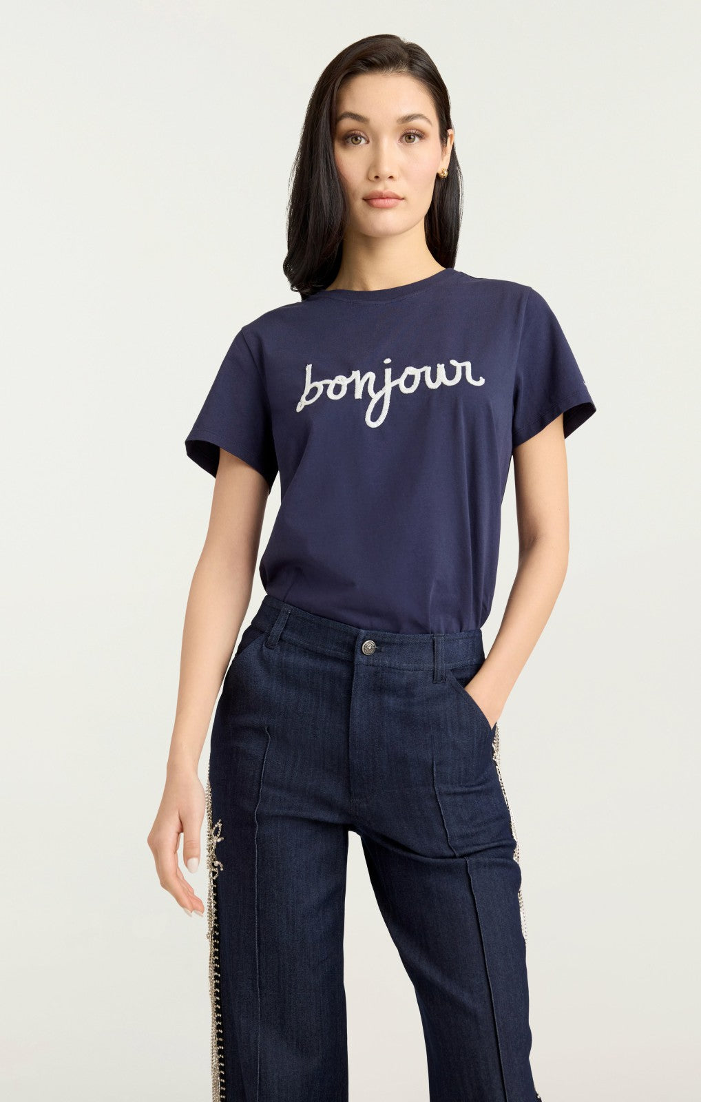 Women Sequined Bonjour Tee Navy/White