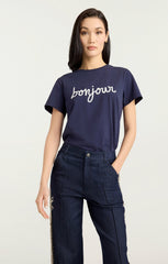 Women Sequined Bonjour Tee Navy/White