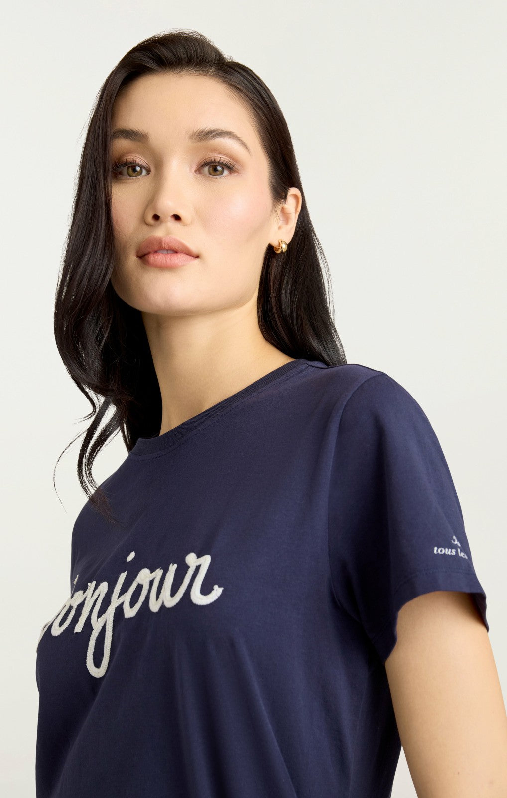 Women Sequined Bonjour Tee Navy/White