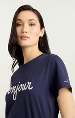 Women Sequined Bonjour Tee Navy/White