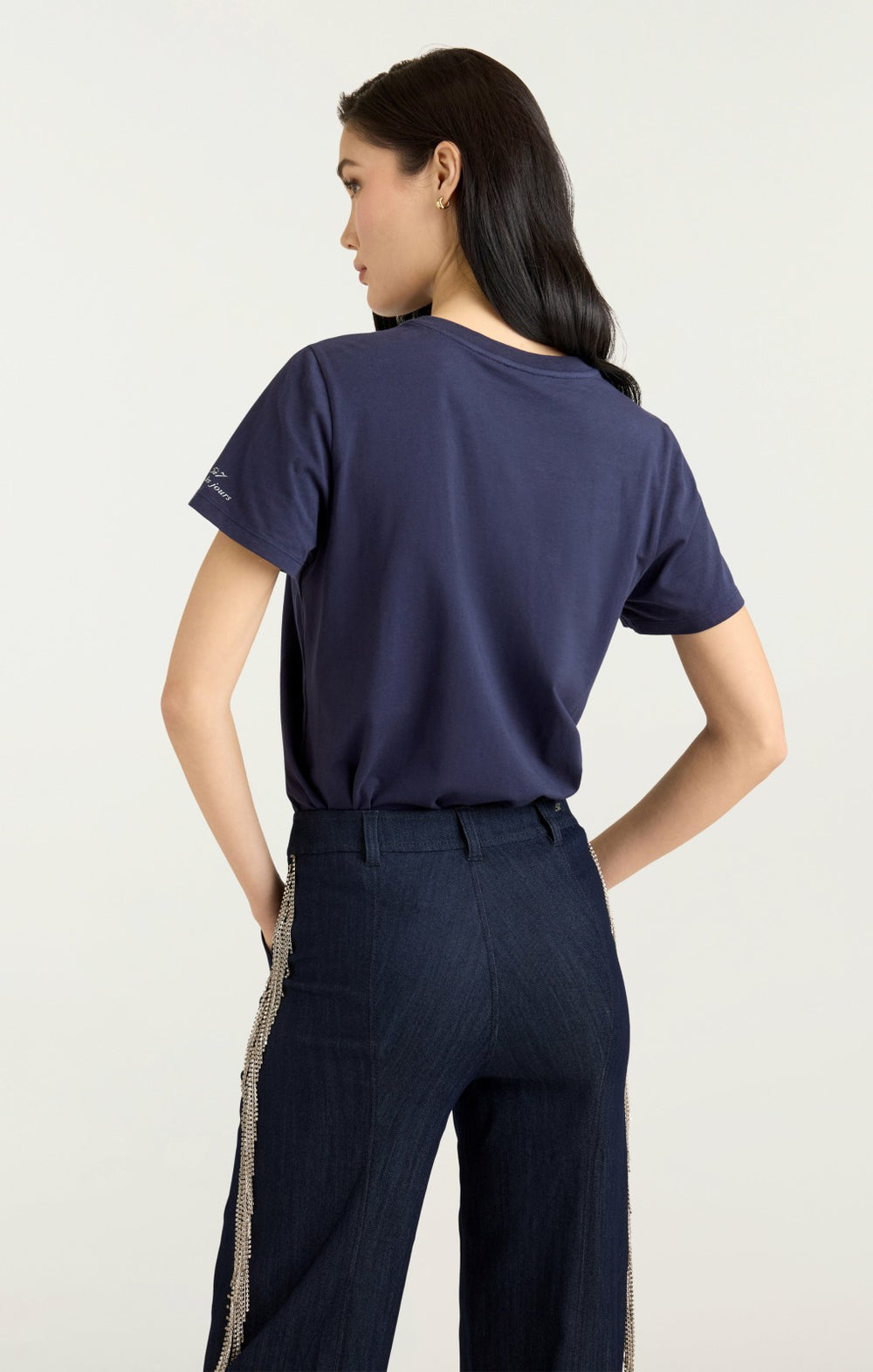 Women Sequined Bonjour Tee Navy/White