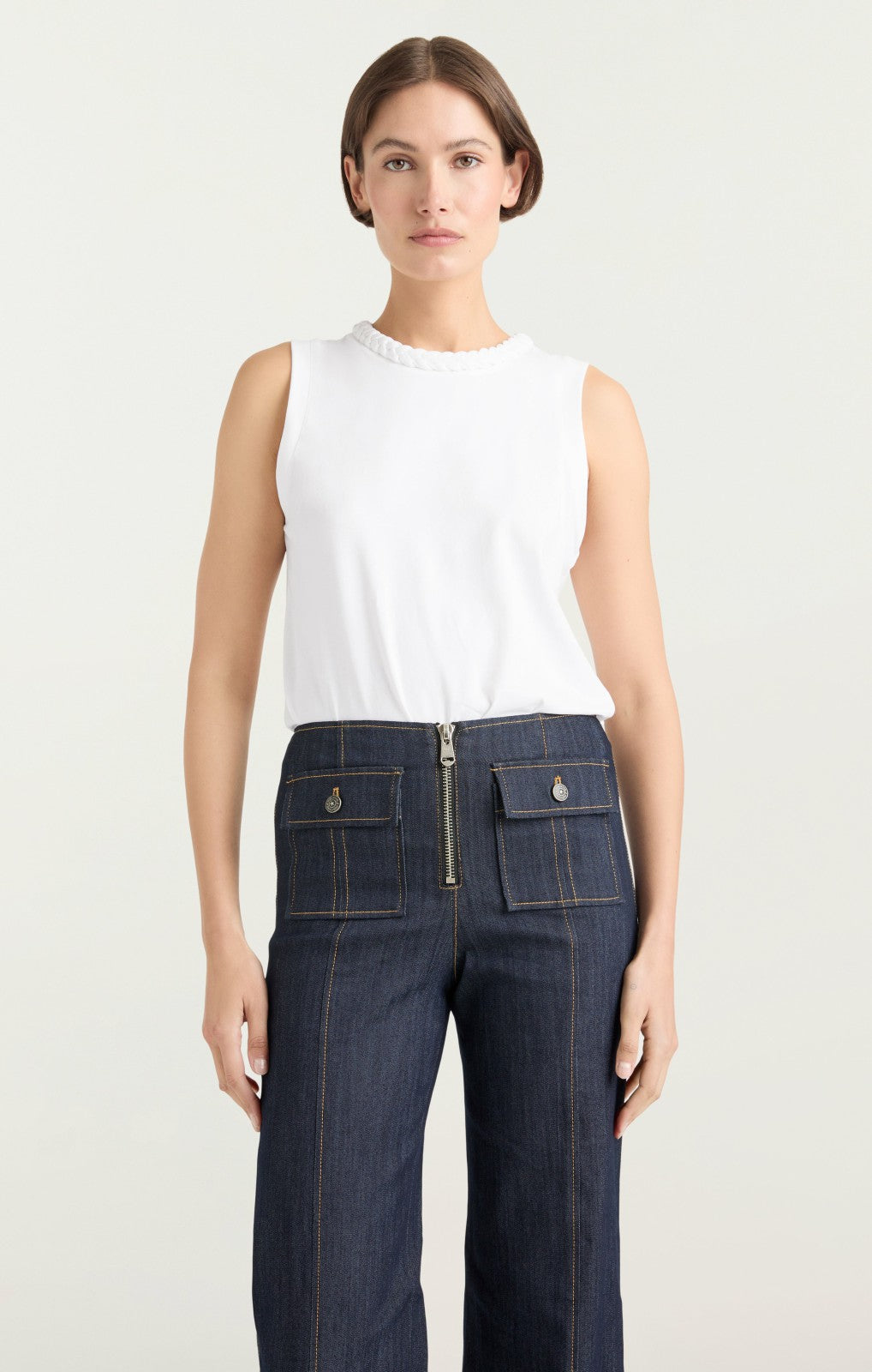 Women Sleeveless Braided Tee White