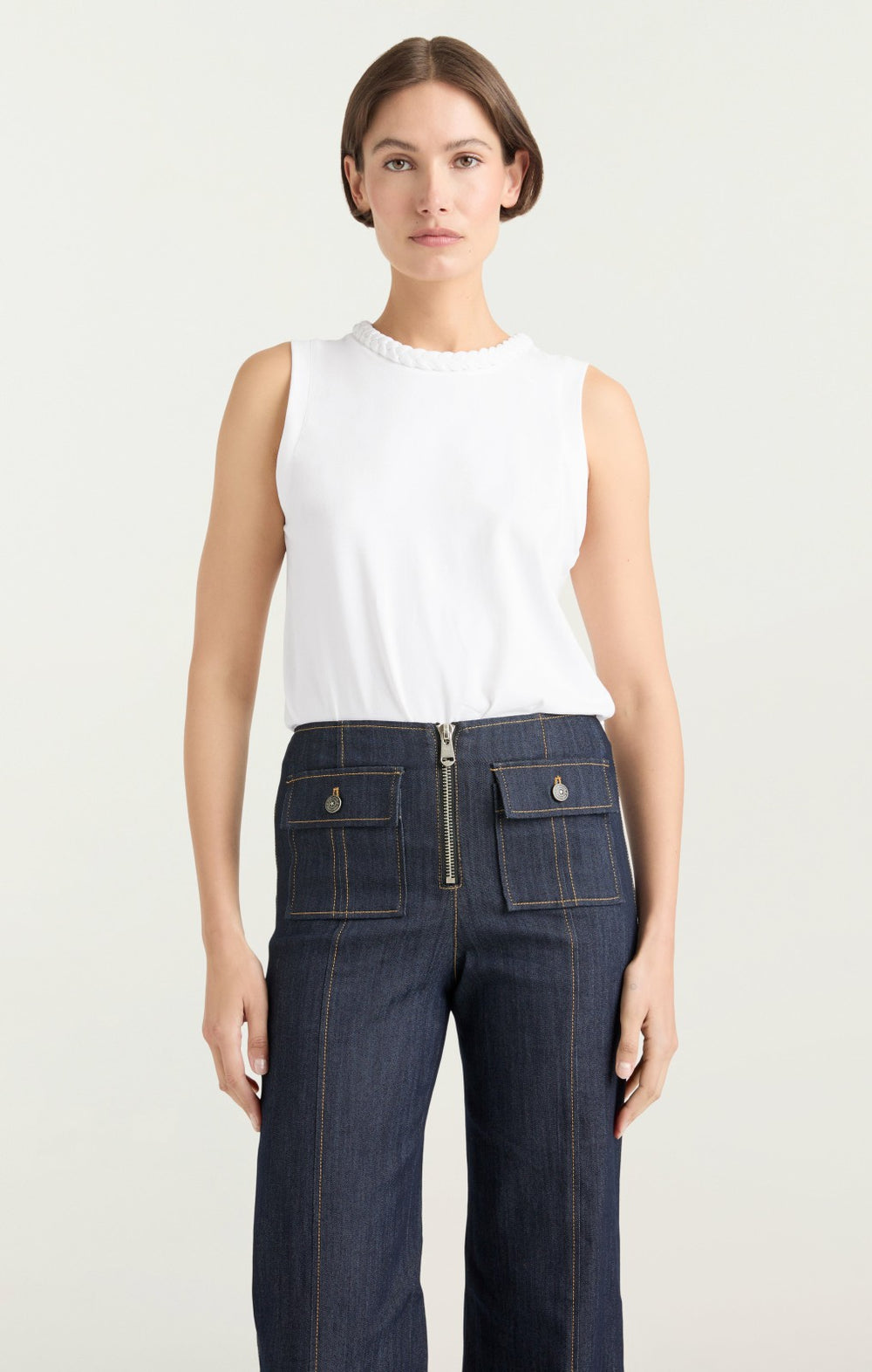 Women Sleeveless Braided Tee White