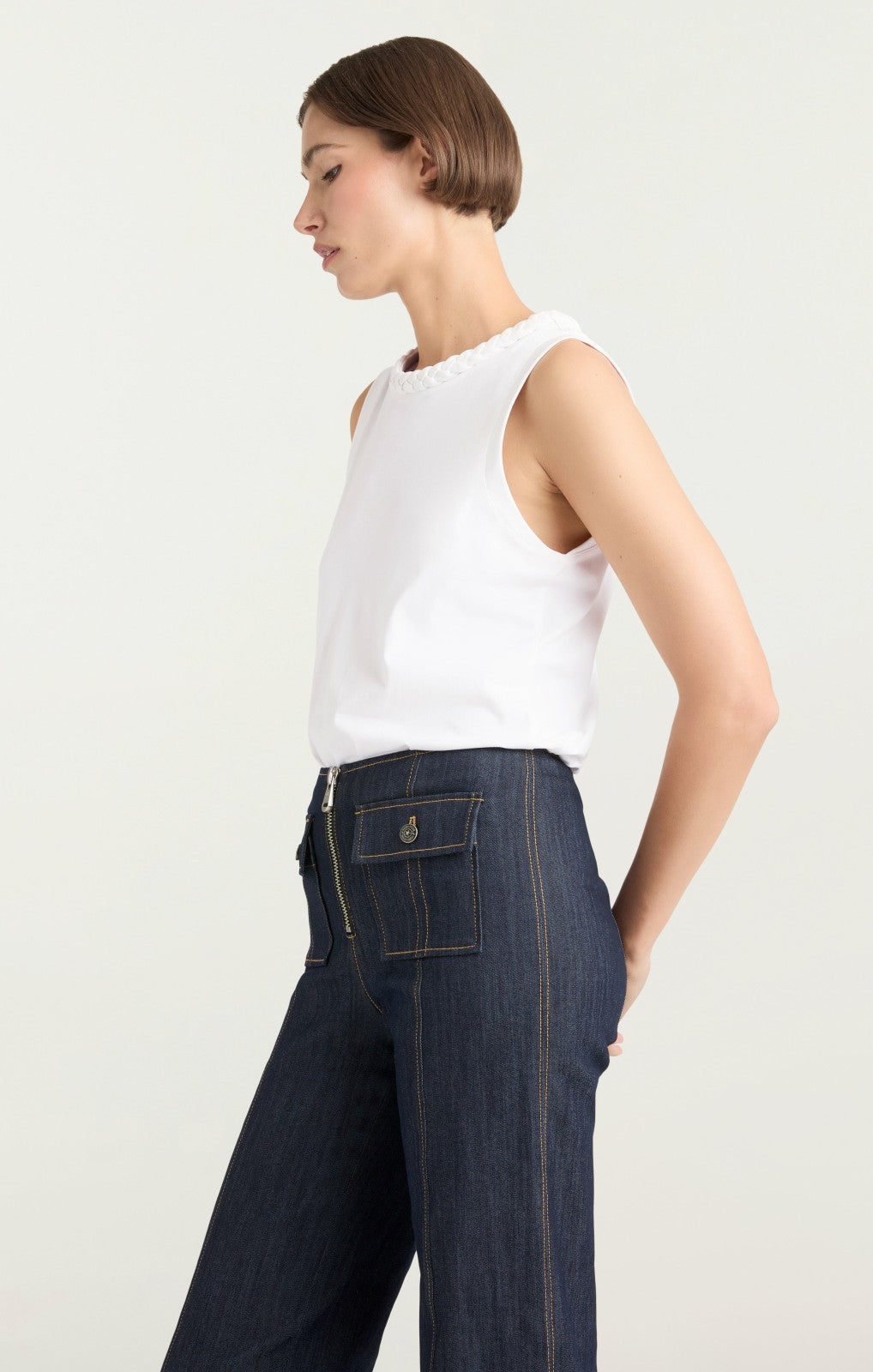 Women Sleeveless Braided Tee White