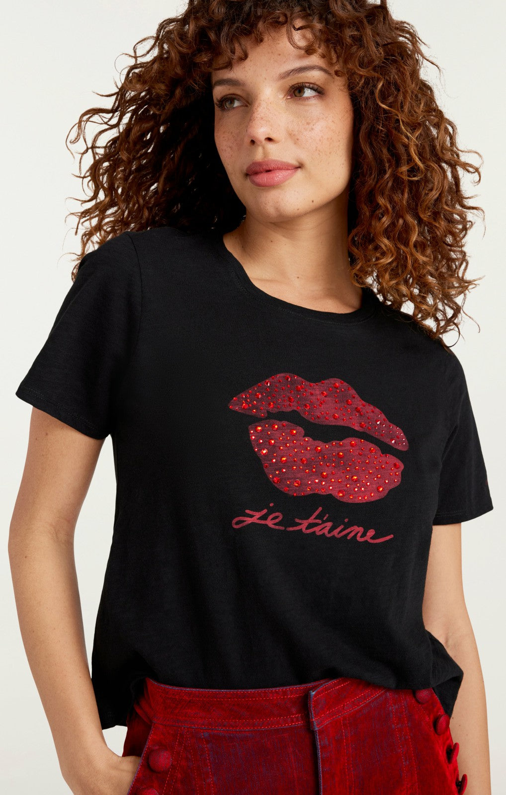 Women Kisses Je Taime Shrunken Tee Black/Rosewood