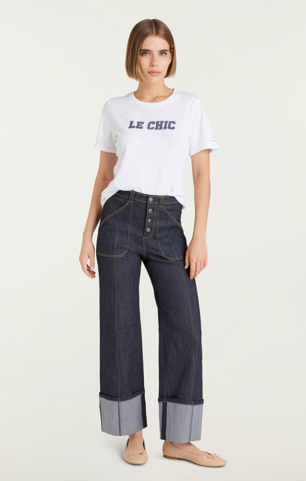 Women Le Chic Shrunken Tee White/Navy