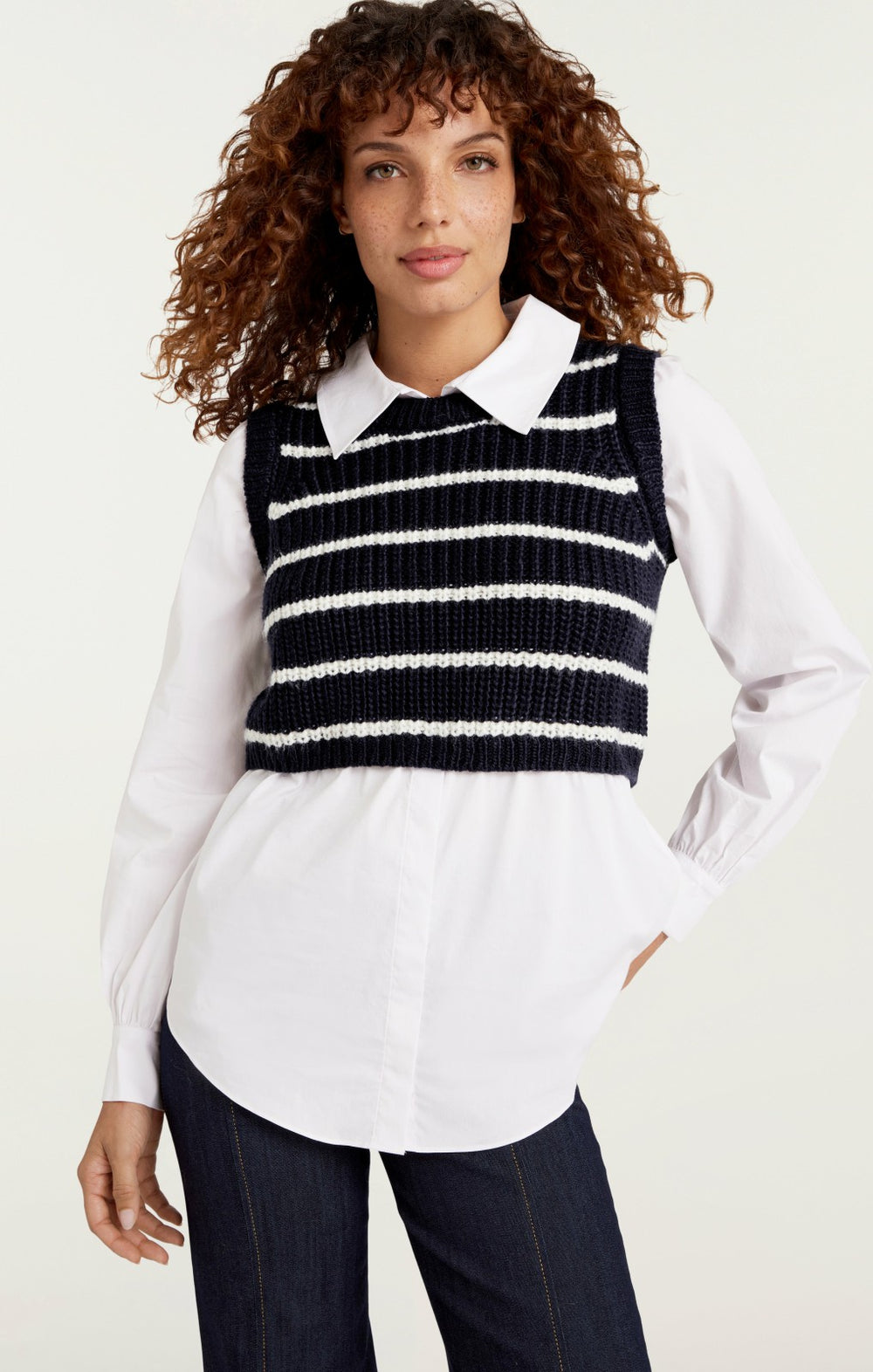 Women Striped Mara Shaker Pullover Navy/Ivory