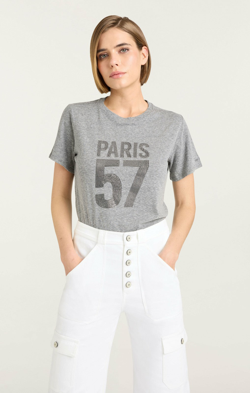 Women Rhinestone Paris 57 Tee Heather Grey/Silver