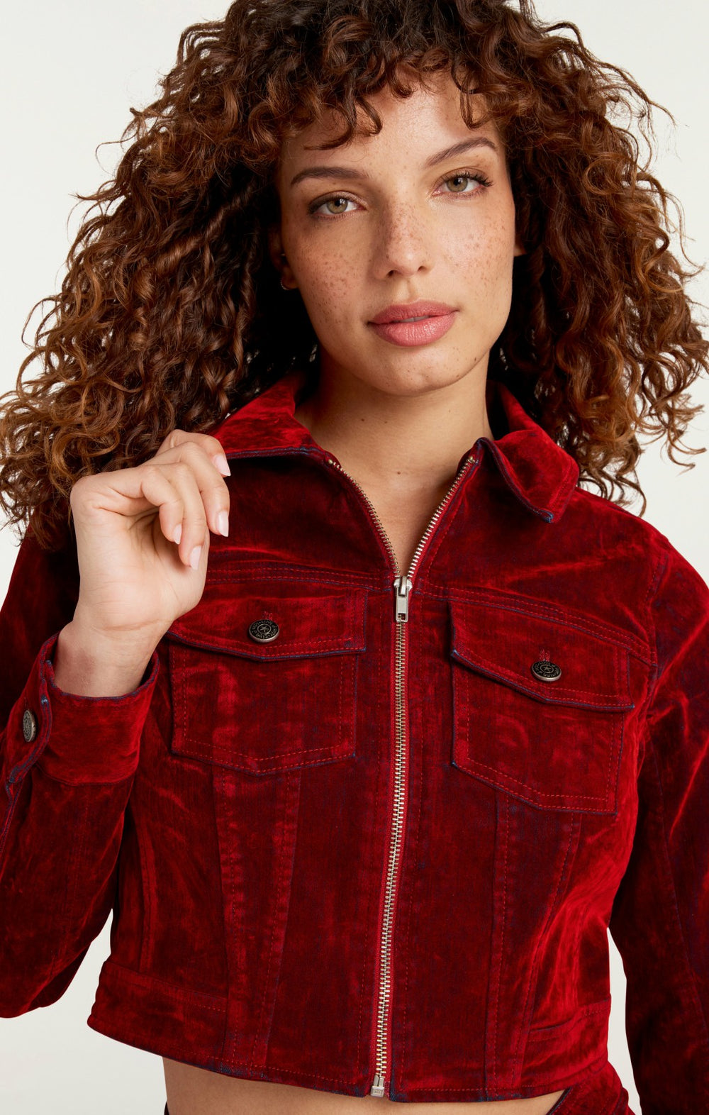 Women Flocked Denim Marilee Jacket Pomegranate