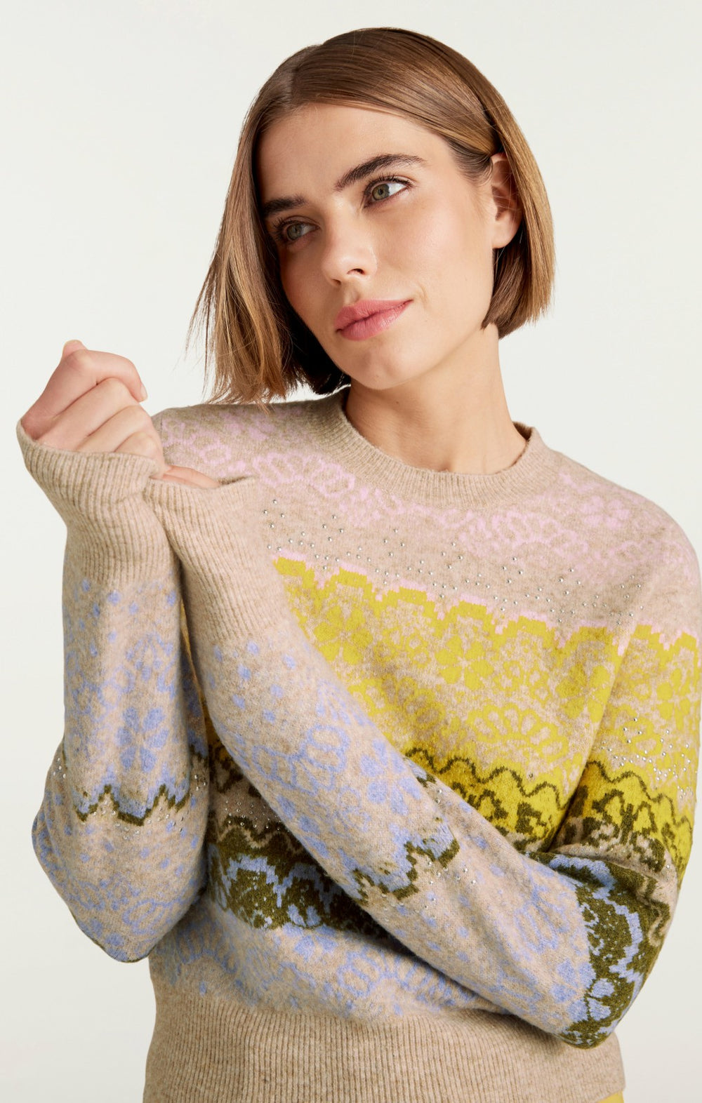 Women Lace Fair Isle Pullover Oatmeal Multi