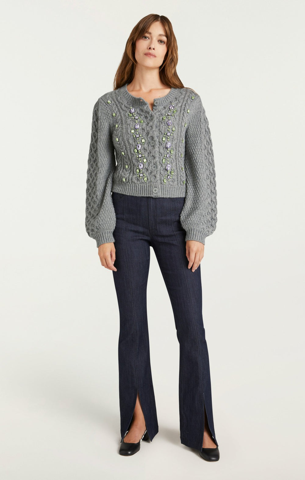 Women Joelle Embellished Cable Cardigan Charcoal Lilac/Green