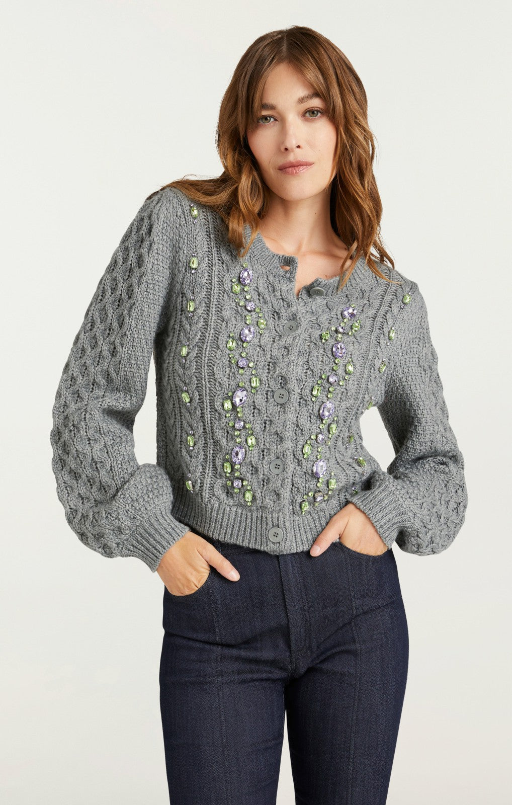 Women Joelle Embellished Cable Cardigan Charcoal Lilac/Green