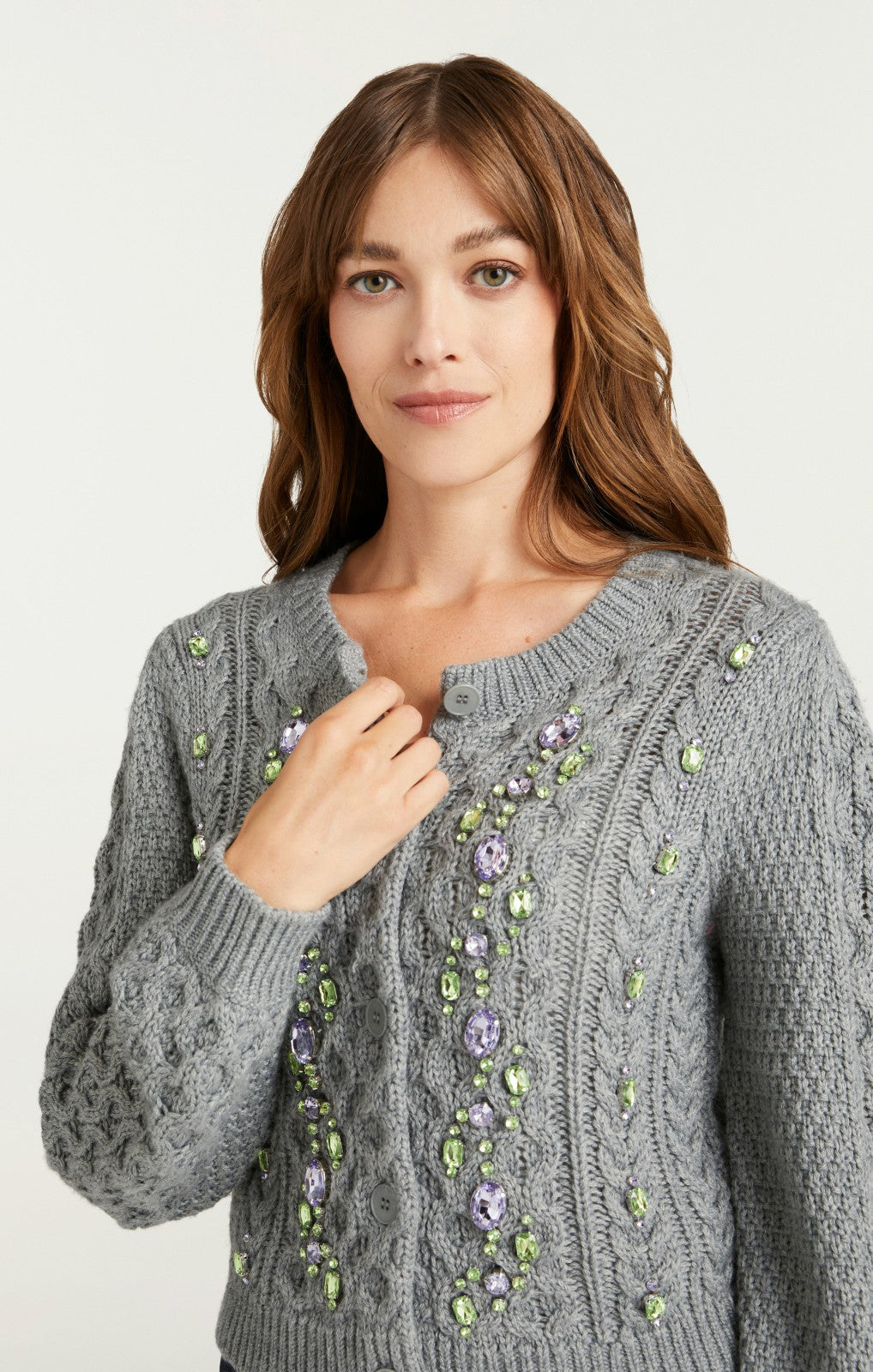 Women Joelle Embellished Cable Cardigan Charcoal Lilac/Green