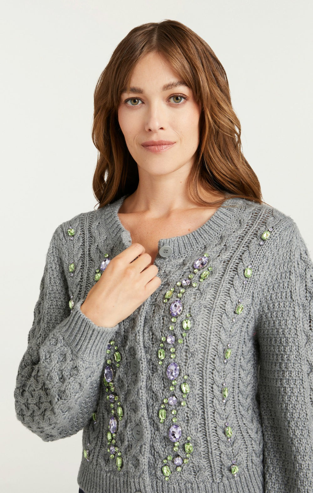 Women Joelle Embellished Cable Cardigan Charcoal Lilac/Green