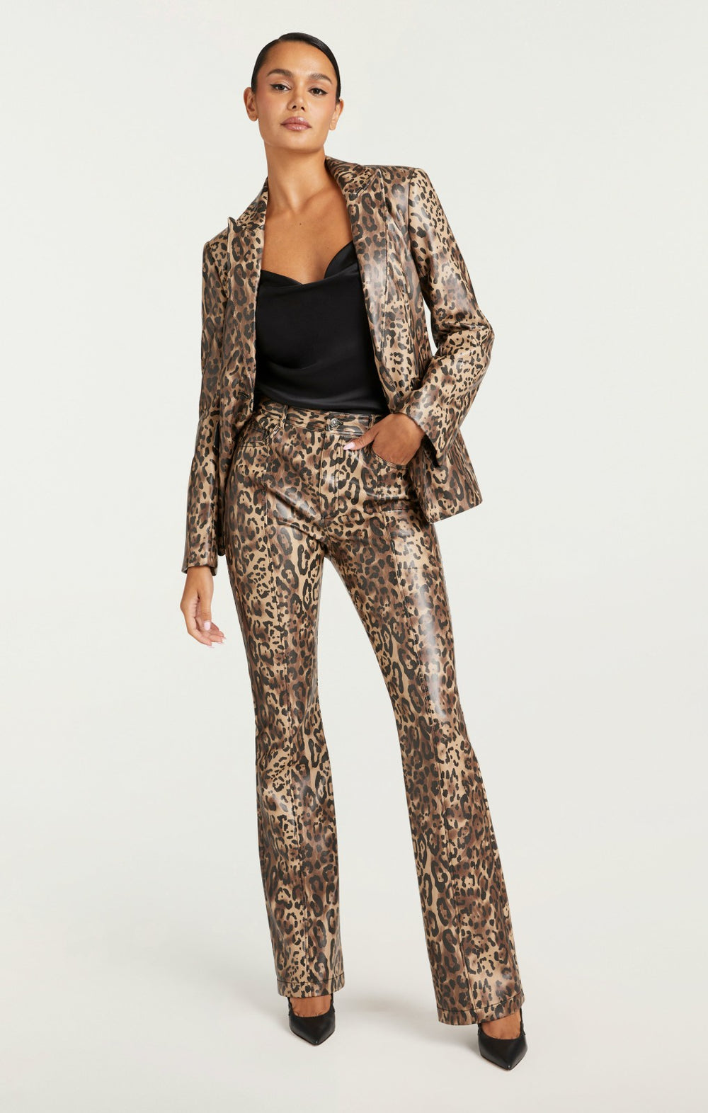 Women Leopard Vegan Leather Miller Pant Black/Sahara