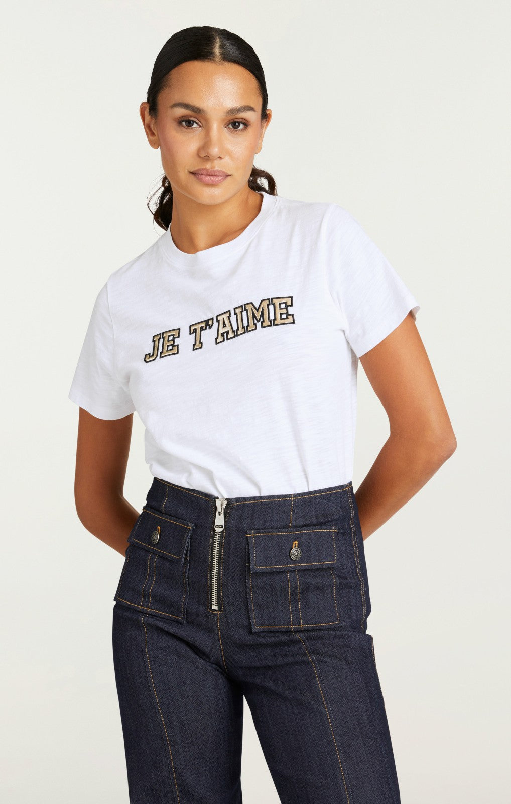 Women Metallic Leather Je T'aime Tee White/Gold