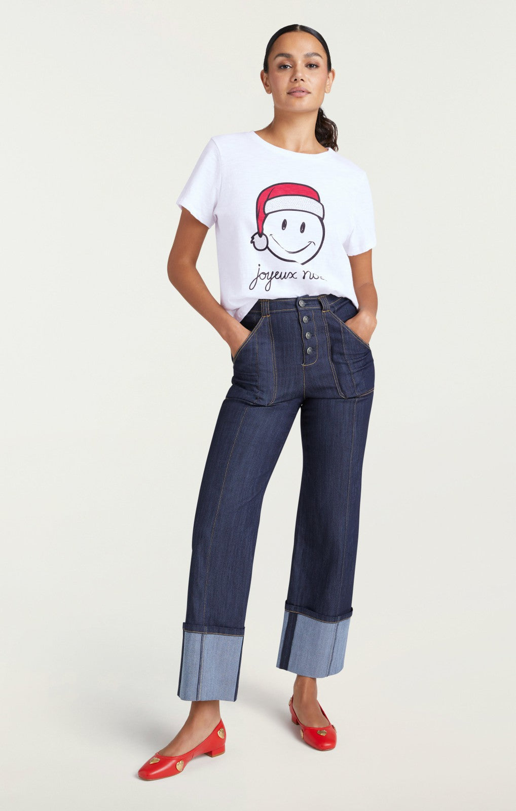 Women Smiley Joyeux Noel Tee White/Black