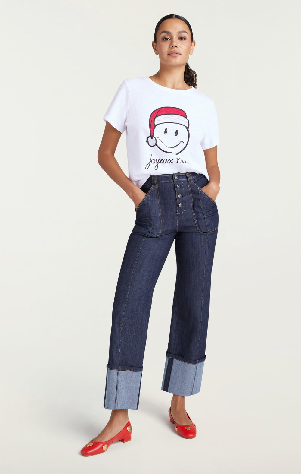 Women Smiley Joyeux Noel Tee White/Black