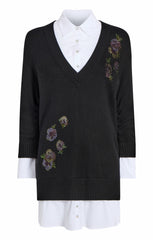 Women Heatset Floral Embellished Deep V Santina Dress Black/White
