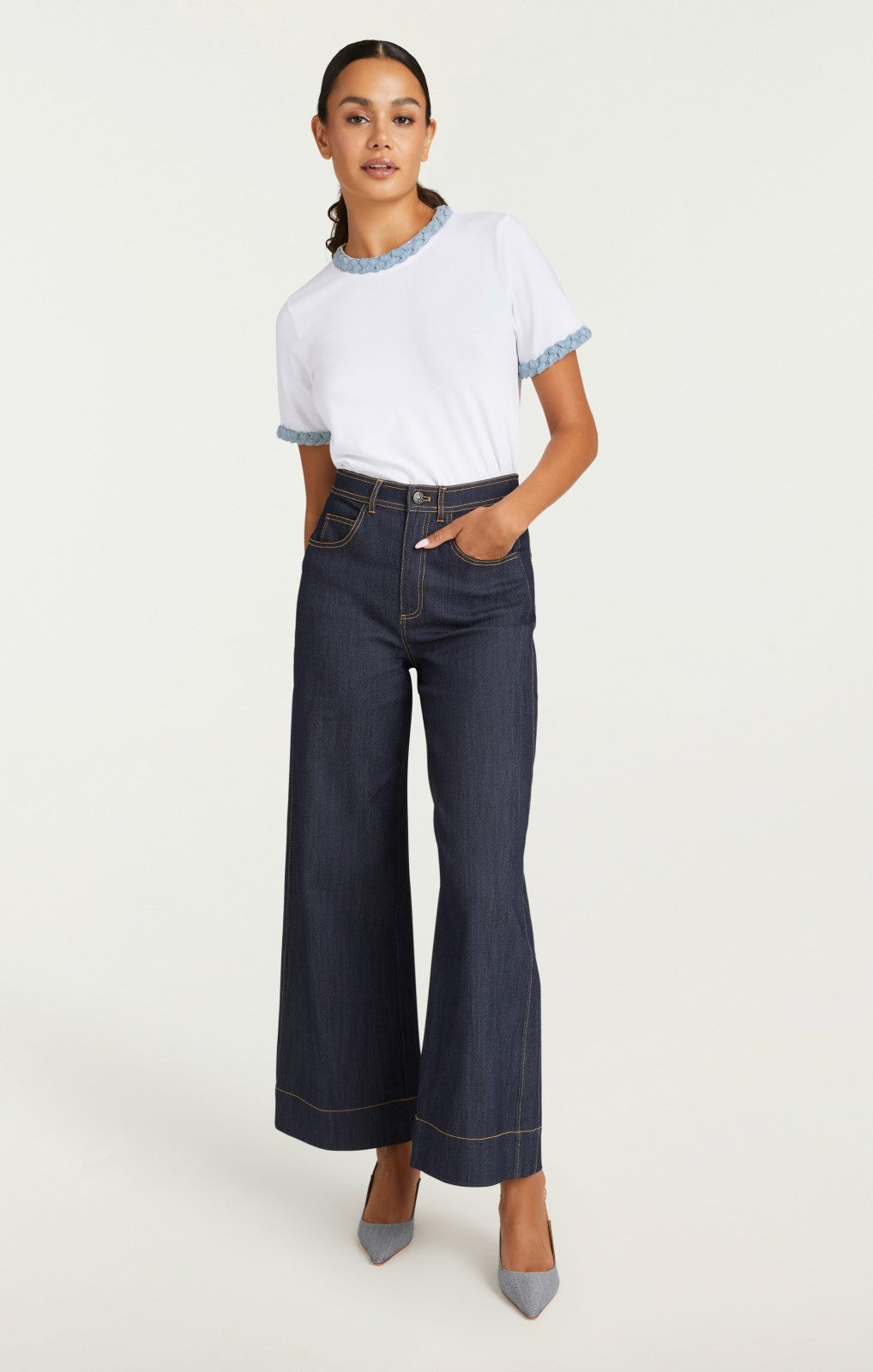 Women Denim Braided Tee White/Light Wash