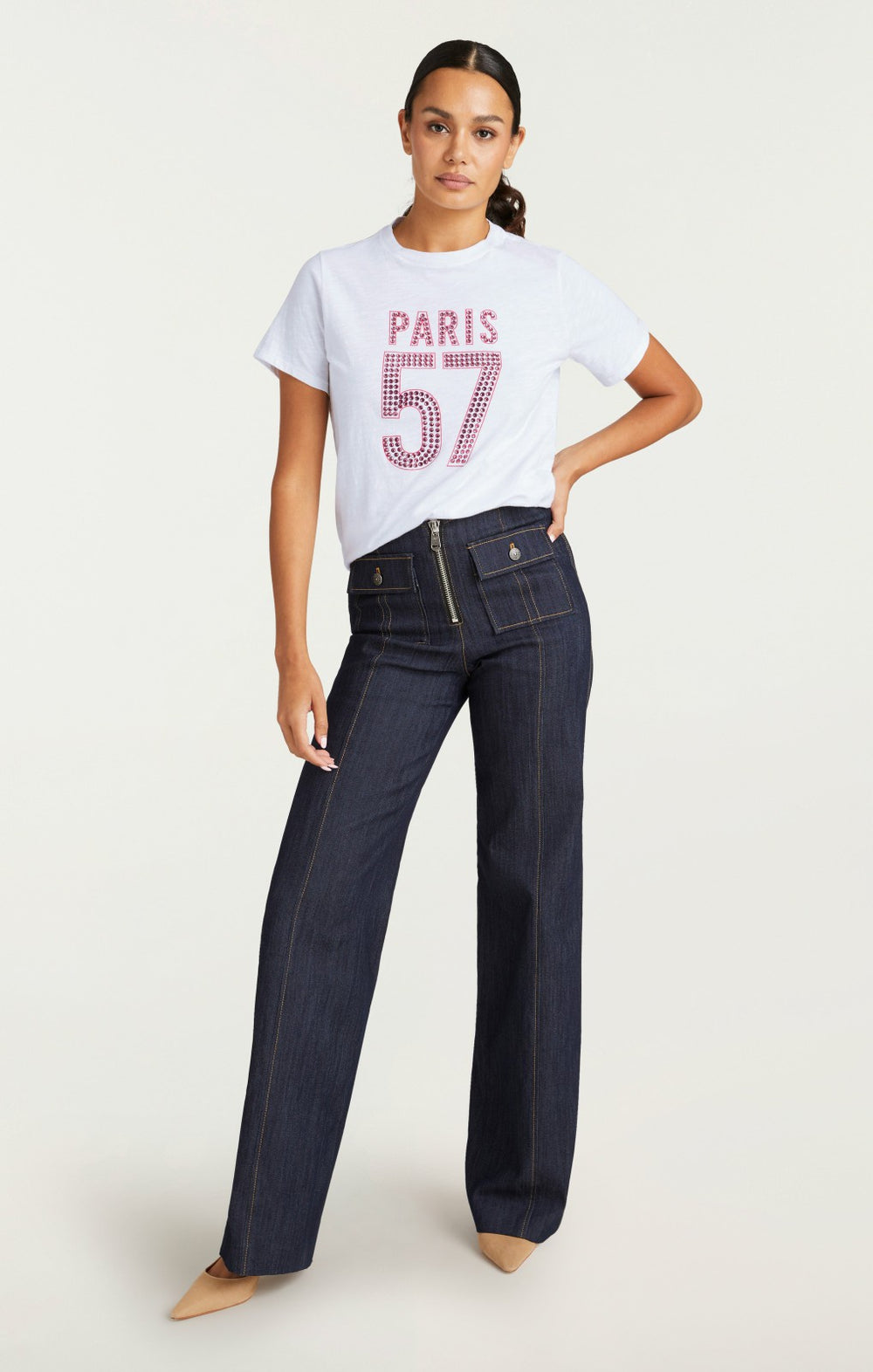 Women Large Heat Set Paris 57 Tee White/Hot Magenta