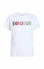 Women Pailette Applique Bonjour Tee White/Multi