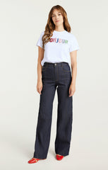 Women Pailette Applique Bonjour Tee White/Multi